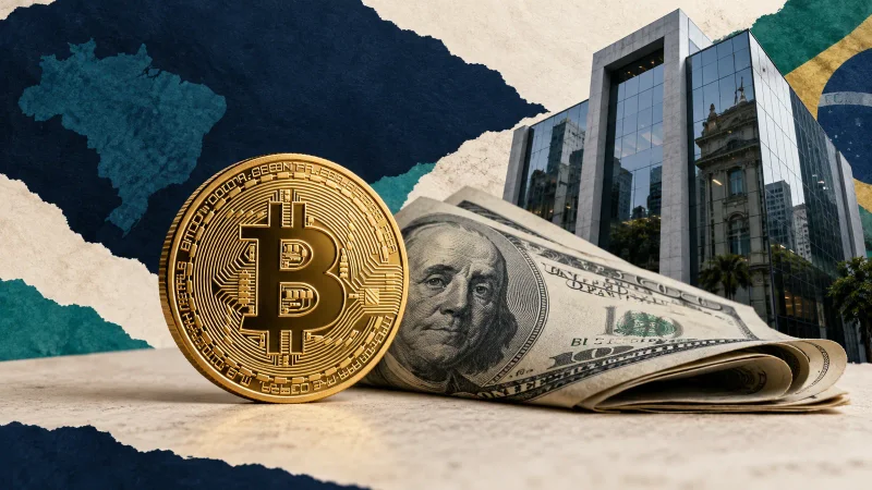 Colagem com moeda de Bitcoin, dólar e edifício de mercado financeiro