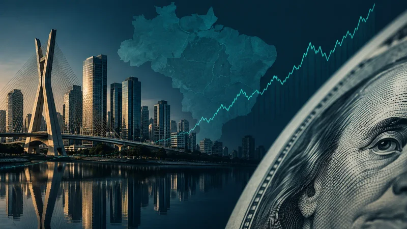 São Paulo, mapa do Brasil, gráfico de mercado e detalhe de dólar representam o novo Ibovespa em moeda americana