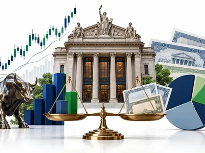 Colagem minimalista com bolsa, gráfico, títulos de renda fixa, balança e carteira diversificada