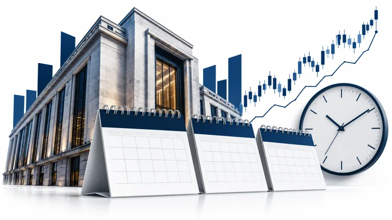 Colagem minimalista com prédio da bolsa, três calendários, relógio e gráfico