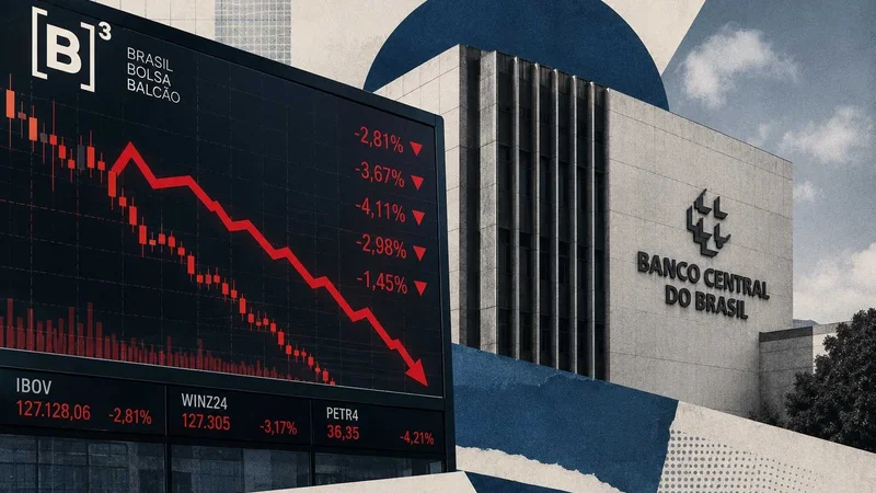 Colagem com painel da B3 em queda, números no vermelho e fachada do Banco Central do Brasil ao fundo. 
