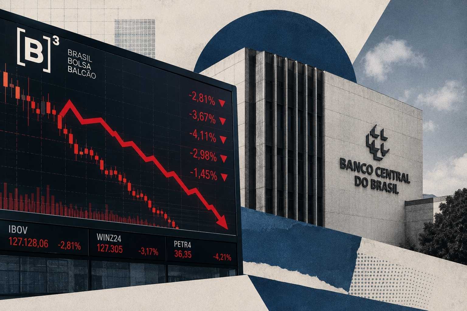 Colagem com painel da B3 em queda, números no vermelho e fachada do Banco Central do Brasil ao fundo. 