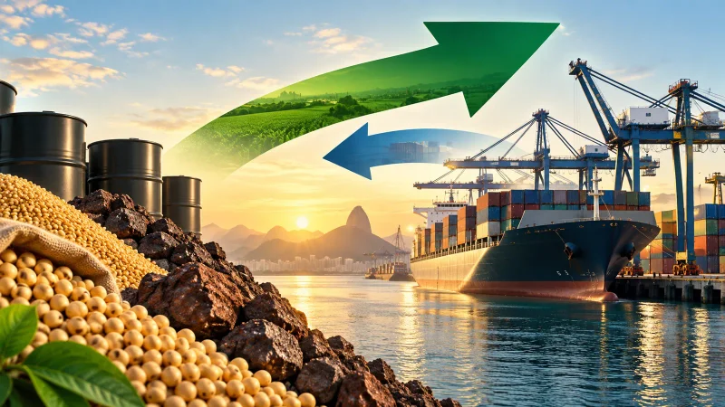 Contêineres e navio cargueiro representando exportações e importações do Brasil