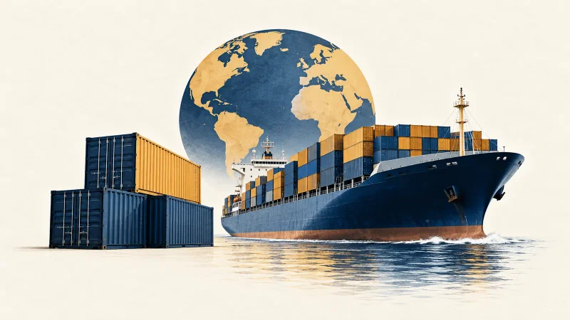 Colagem ilustrativa com navio cargueiro, contêineres e globo