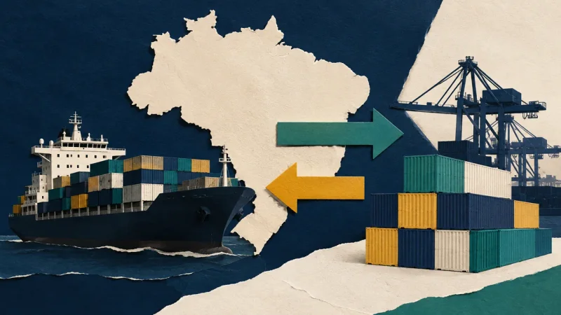 Colagem minimalista sobre a balança comercial brasileira com contêineres, navio e gráfico de exportações