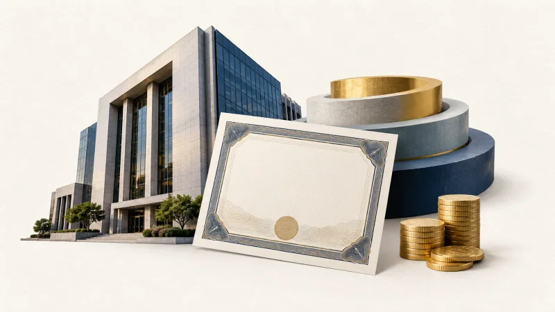 Edifício bancário, certificado financeiro, camadas de capital e moedas em colagem editorial