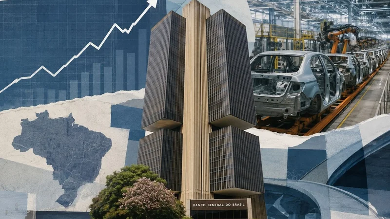 Colagem com sede do Banco Central do Brasil, gráfico de atividade econômica e linha de produção industrial.