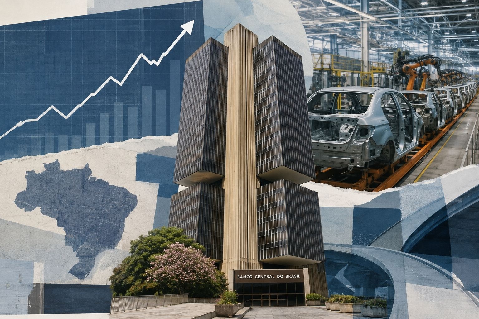 Colagem com sede do Banco Central do Brasil, gráfico de atividade econômica e linha de produção industrial.
