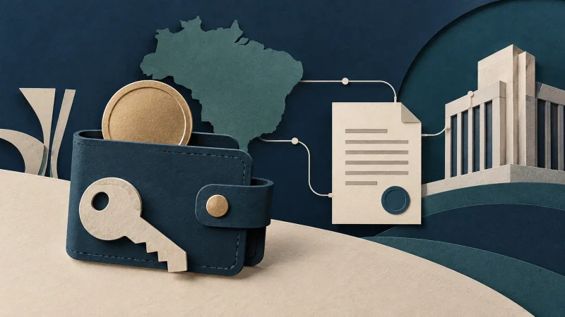 Colagem editorial ilustrativa de carteira cripto, documento e conexão de dados