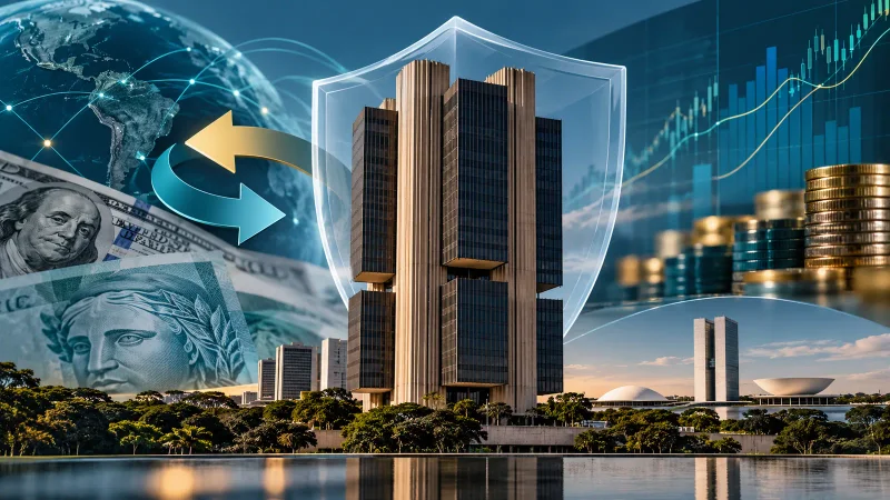 Colagem minimalista com Banco Central, escudo, moedas e gráficos financeiros