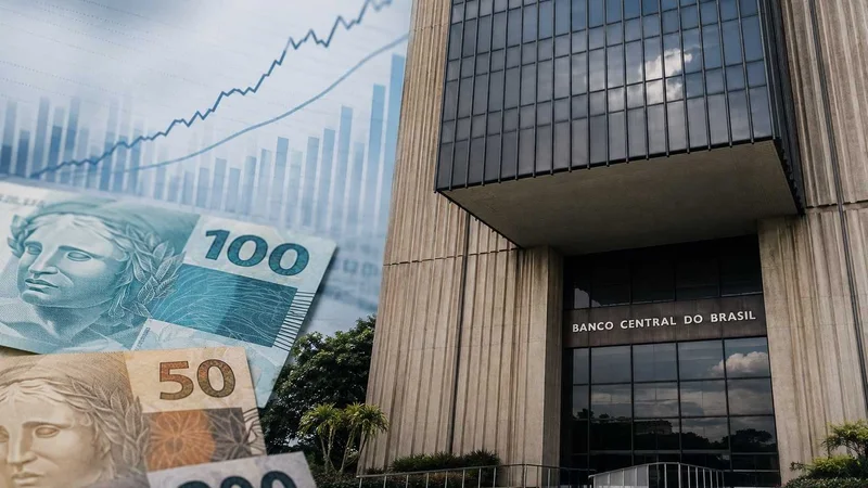 Fachada do Banco Central do Brasil com cédulas de real e gráfico de inflação e juros ao fundo.