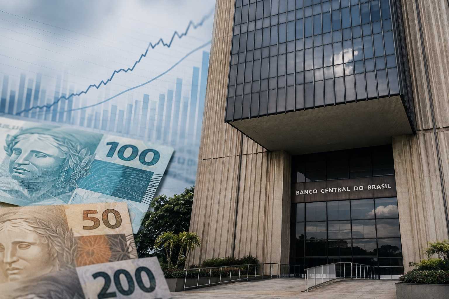 Fachada do Banco Central do Brasil com cédulas de real e gráfico de inflação e juros ao fundo.