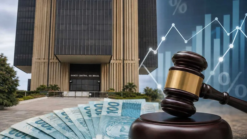 Fachada do Banco Central do Brasil com martelo, gráfico de juros e cédulas de real em destaque.