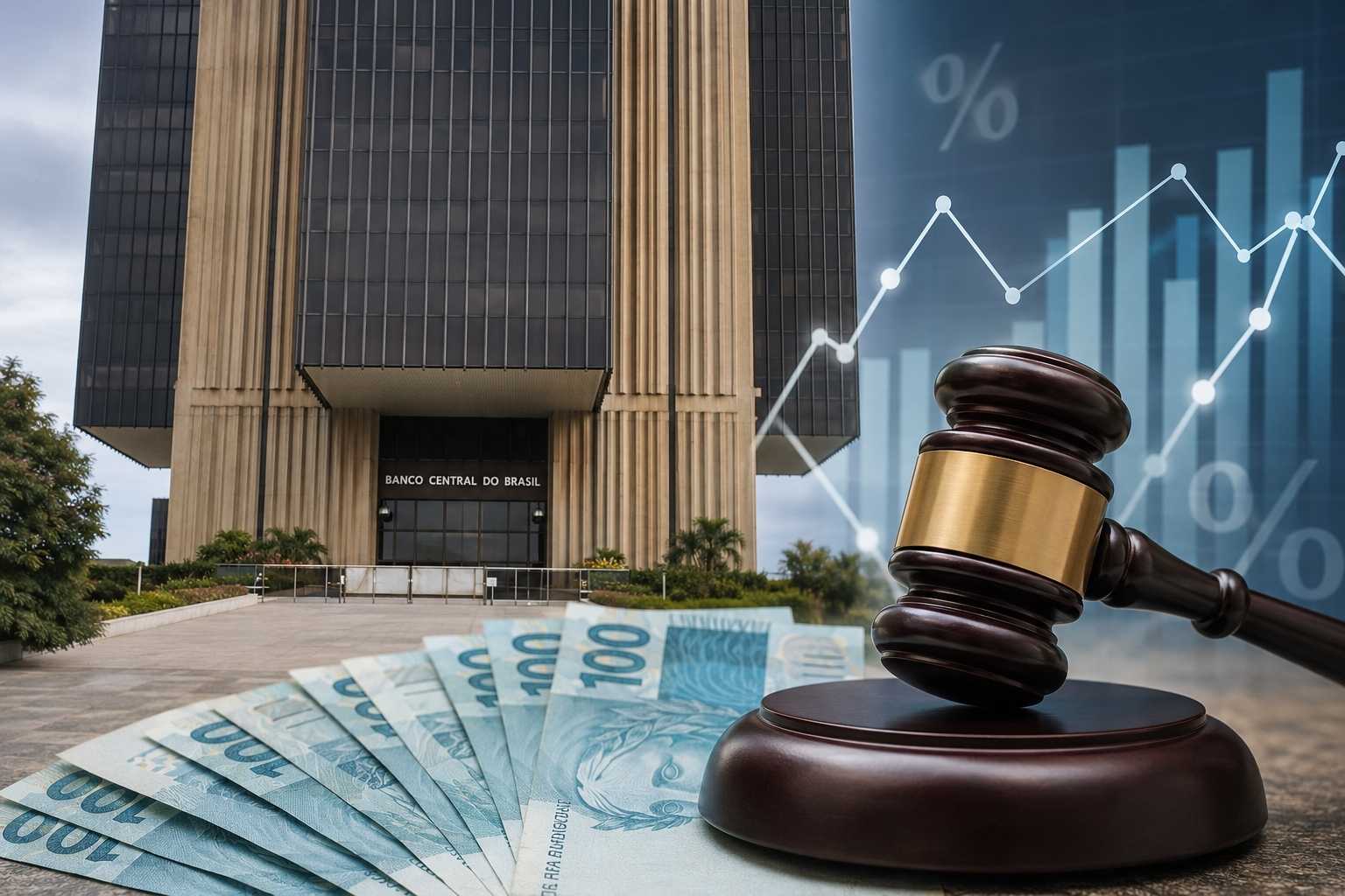Fachada do Banco Central do Brasil com martelo, gráfico de juros e cédulas de real em destaque.