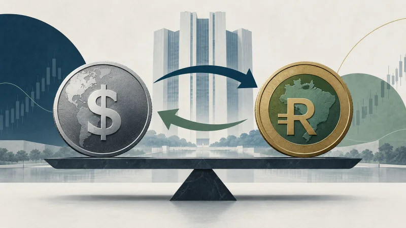 Moedas representando dólar e real em uma balança diante do Banco Central