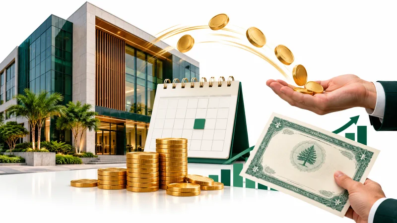 Colagem minimalista com banco, calendário, moedas e pagamento ao acionista