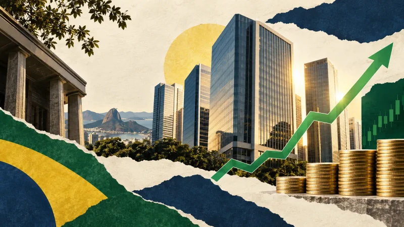 Colagem editorial clean sobre bancos disparam até 15% com queda dos juros futuros