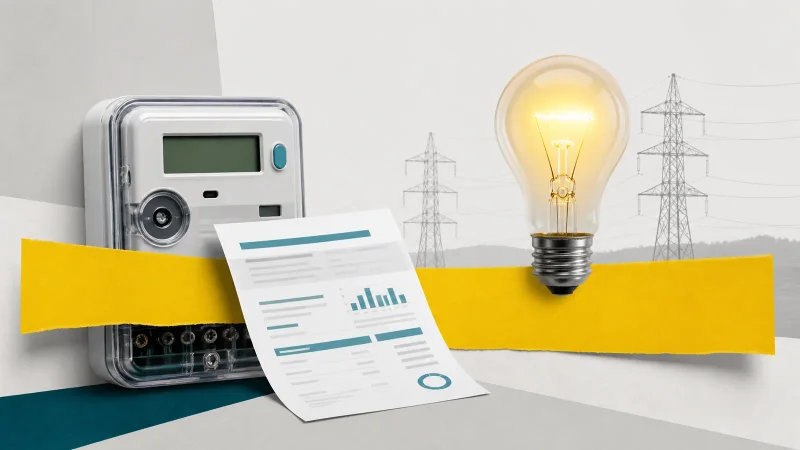 Colagem minimalista com medidor, conta de energia, lâmpada e faixa amarela