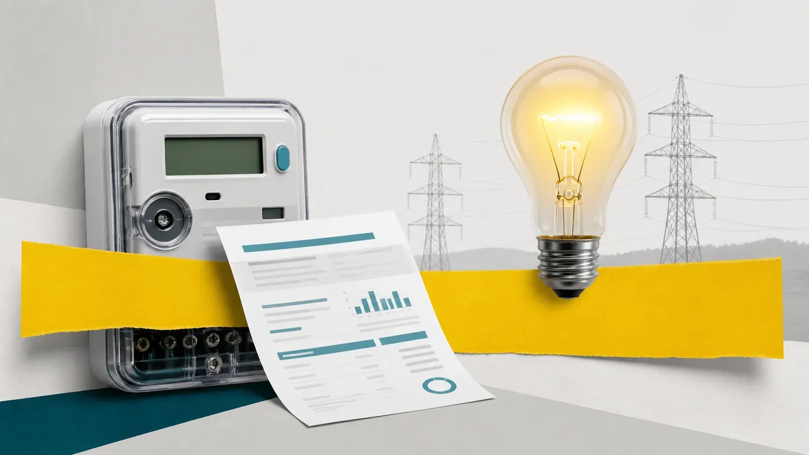 Colagem minimalista com medidor, conta de energia, lâmpada e faixa amarela