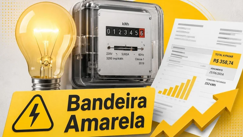 Lâmpada acesa, medidor de consumo e conta de energia com destaque para a bandeira tarifária amarela.