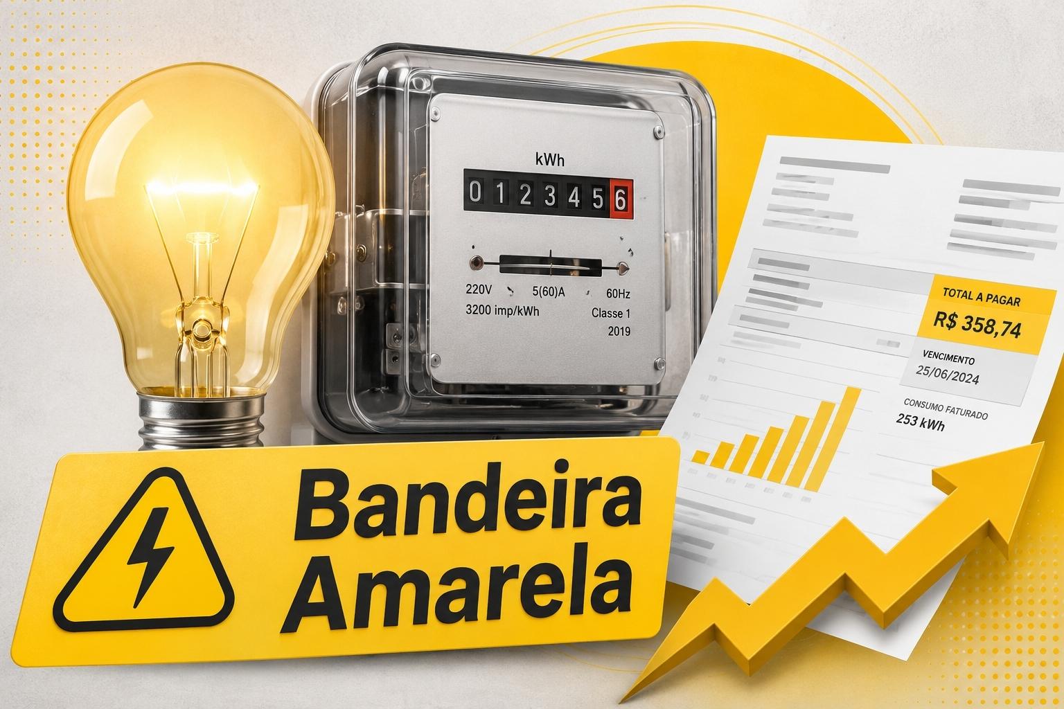 Lâmpada acesa, medidor de consumo e conta de energia com destaque para a bandeira tarifária amarela.