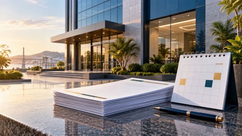Edifício bancário com documentos de proventos e calendário sobre a mesa