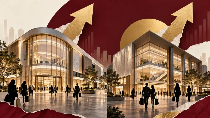 Colagem clean com dois shopping centers e setas de valorização