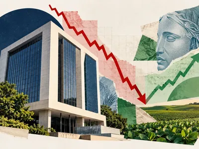 Colagem minimalista com banco genérico, lavoura e gráfico de queda seguido por recuperação parcial