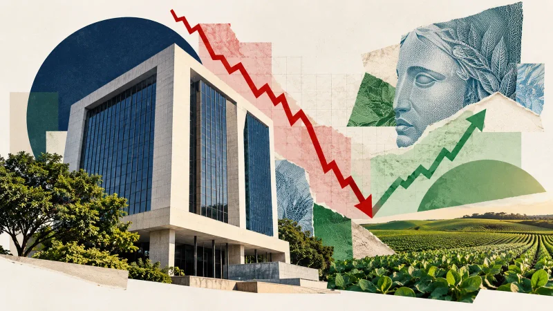 Colagem minimalista com banco genérico, lavoura e gráfico de queda seguido por recuperação parcial