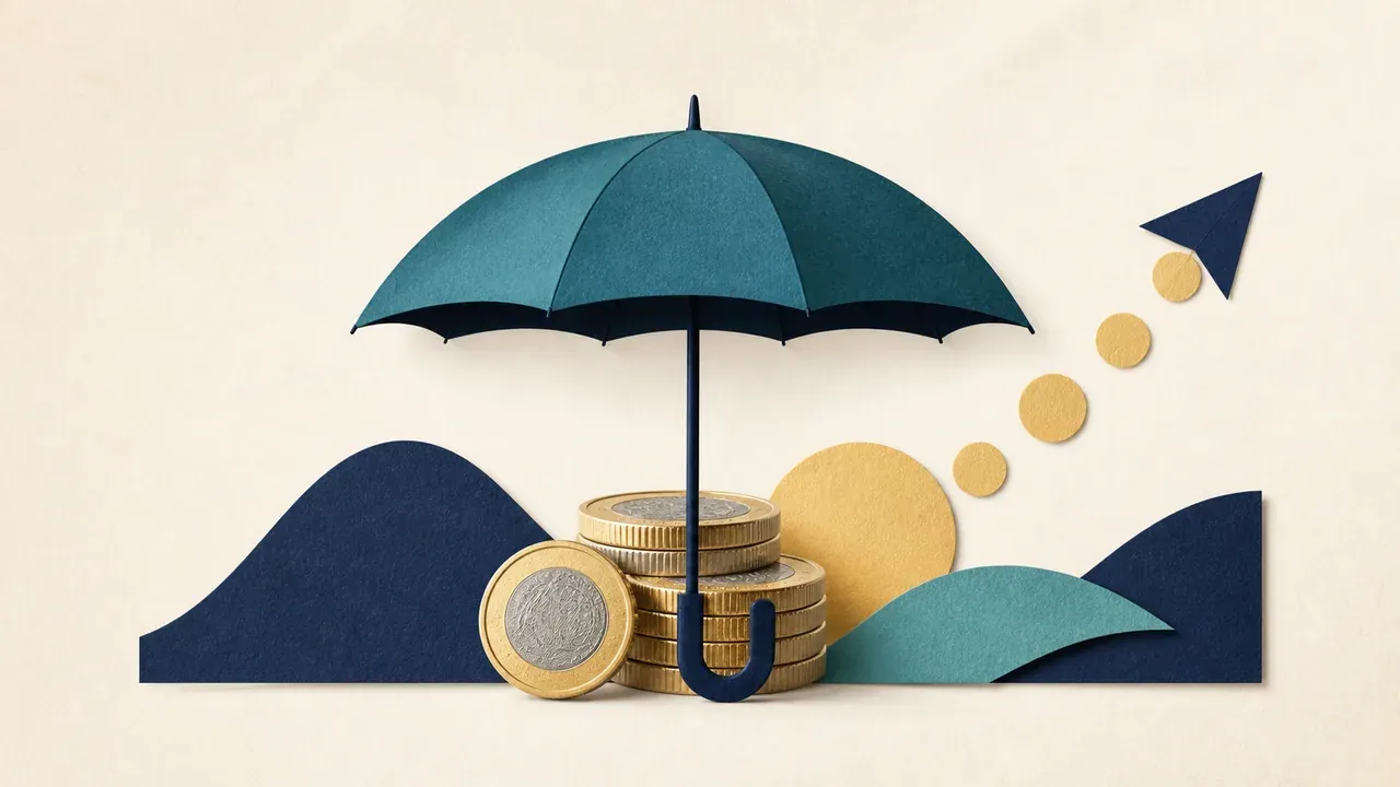 Colagem minimalista com guarda-chuva e moedas representando os dividendos da BB Seguridade