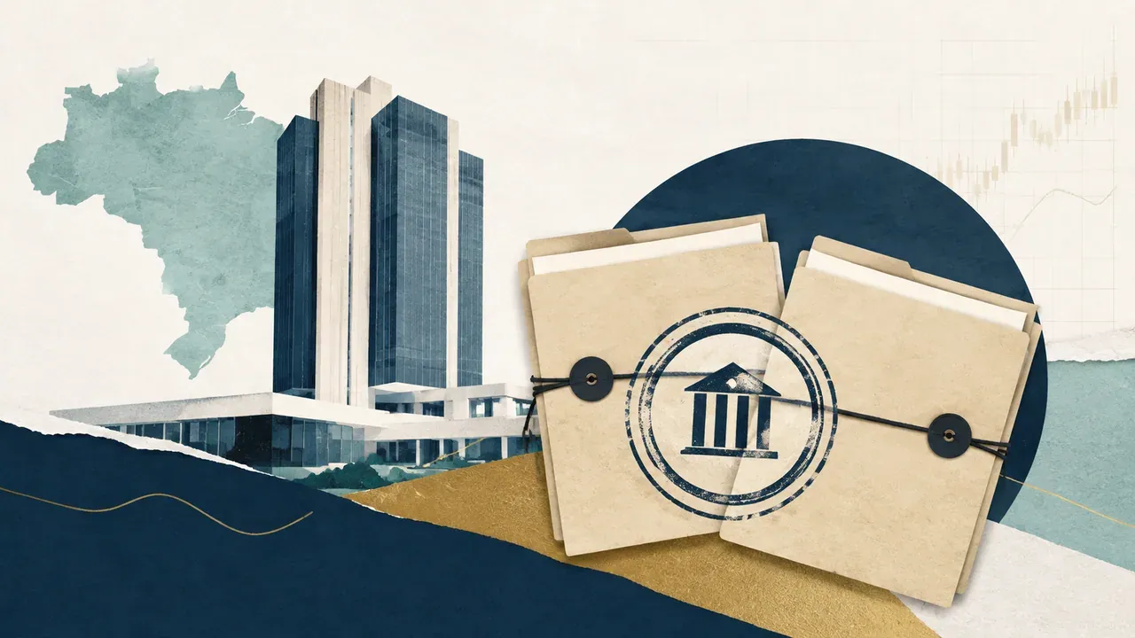 Colagem minimalista com Banco Central e duas pastas financeiras lacradas