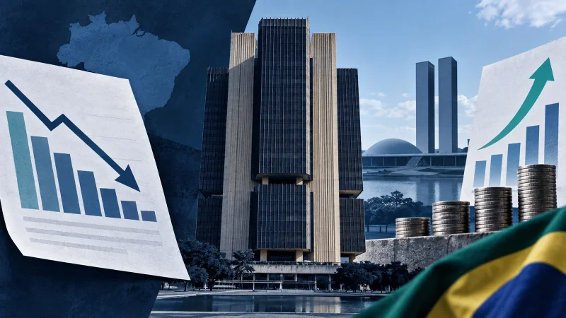 Colagem ilustrativa de edifício do Banco Central e gráfico de atividade econômica