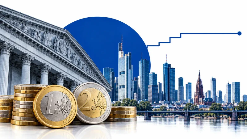 Colagem minimalista com euros, Frankfurt, banco central e trajetória estável de juros