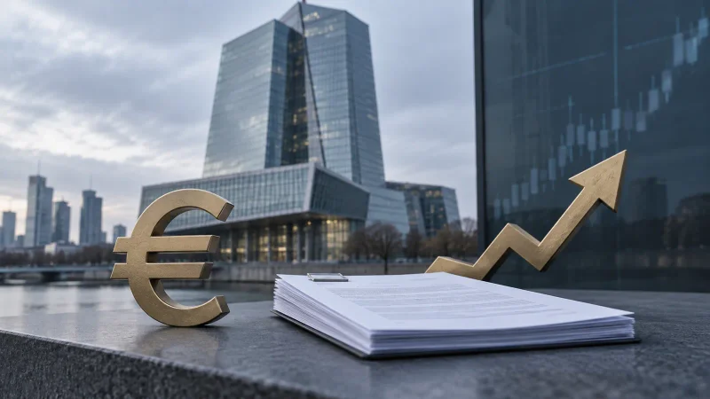 Símbolo do euro diante de edifício institucional e painel financeiro representa decisão de juros do BCE