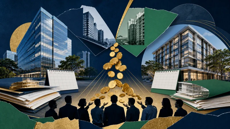 Colagem editorial com imóveis, calendários e distribuição de proventos de BCIA11 e FTCE11B