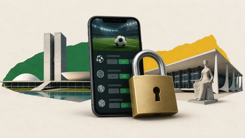 Colagem clean com celular de apostas, cadeado, Congresso Nacional e Supremo Tribunal Federal