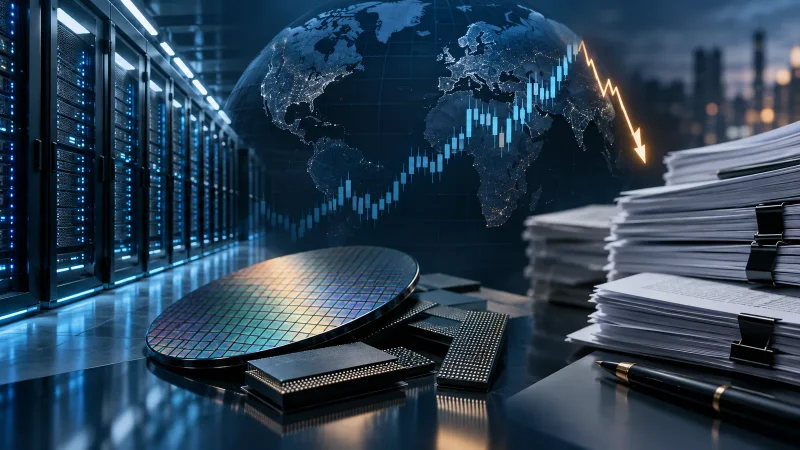 Chips de inteligência artificial, servidores e documentos de dívida em colagem editorial