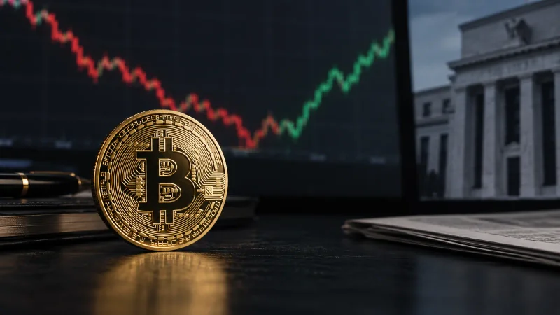 Bitcoin diante de gráfico de mercado e do edifício do Federal Reserve