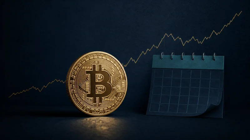 Colagem editorial minimalista com moeda de Bitcoin, calendário e gráfico de alta
