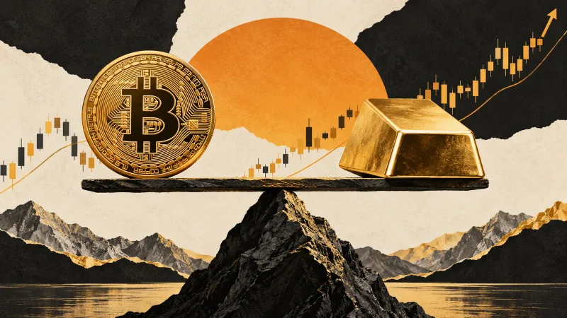 Colagem clean com moeda de Bitcoin, barra de ouro e gráfico de mercado
