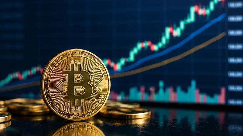 Moeda física de Bitcoin em destaque diante de gráfico de valorização do BTC.