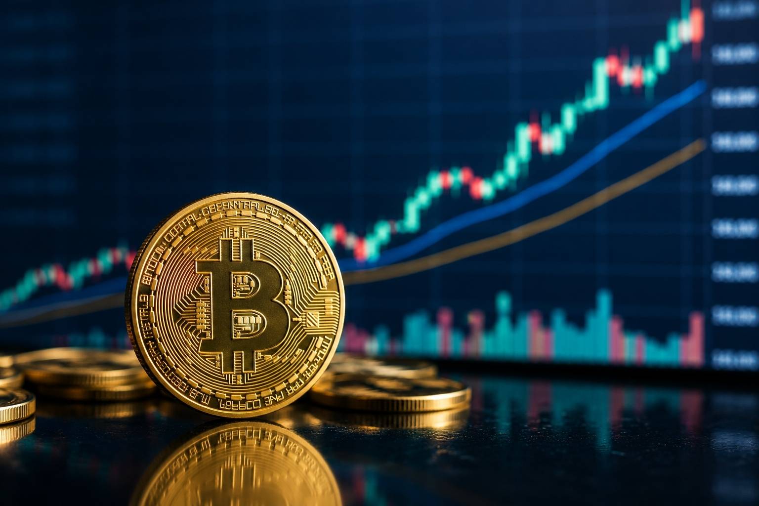 Moeda física de Bitcoin em destaque diante de gráfico de valorização do BTC.