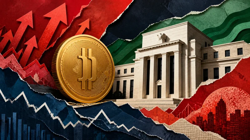 Colagem editorial com moeda digital, banco central e setas sobre Bitcoin e juros dos EUA