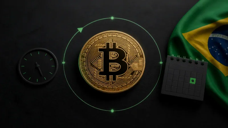 Moeda de Bitcoin, relógio contínuo e calendário representam negociação durante o feriado