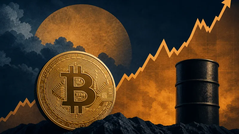 Moeda de Bitcoin, barril de petróleo e gráfico representam a pressão macroeconômica