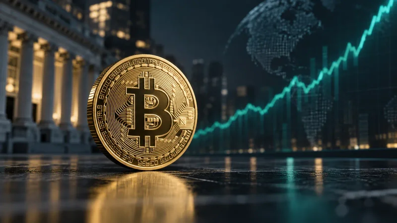Moeda de Bitcoin e gráfico ascendente representam alta das criptomoedas