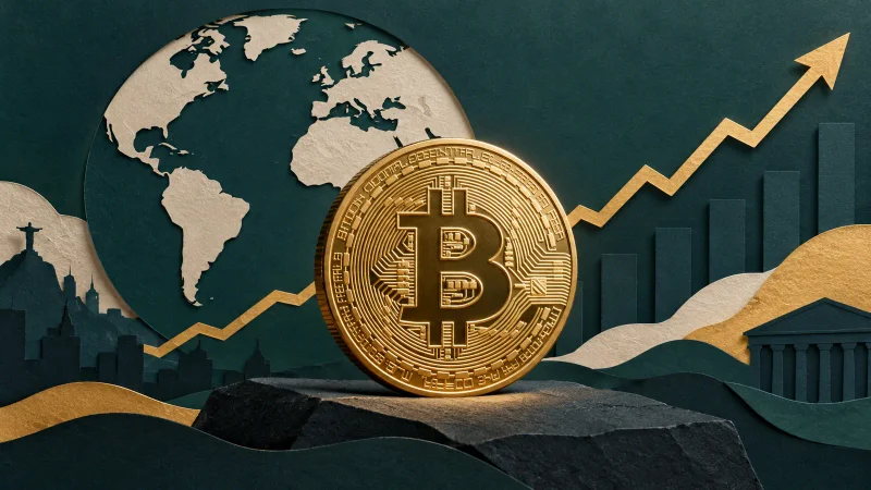 Colagem editorial de moeda de Bitcoin diante de linha ascendente e mapa-múndi