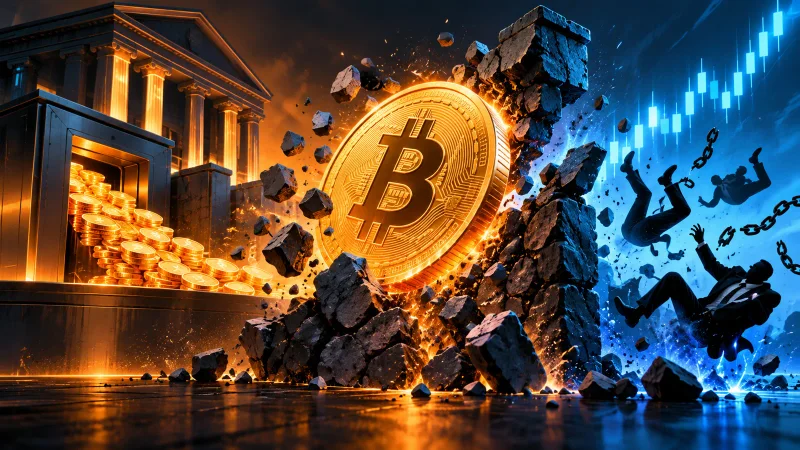 Colagem clean com Bitcoin rompendo resistência e fundo institucional