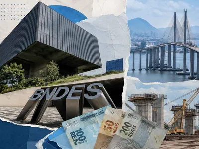Colagem com sede do BNDES, obra de infraestrutura e cédulas de real em destaque.