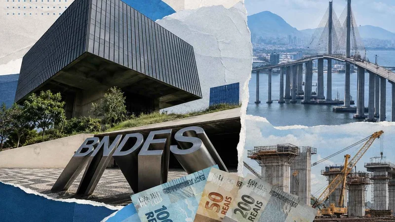 Colagem com sede do BNDES, obra de infraestrutura e cédulas de real em destaque.